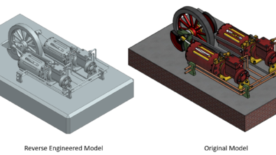 在左侧，有一个银色的NX双蒸汽机组装模型，标题为“逆向工程模型”。在右侧，有一个红色和黄色的双联蒸汽机放在标有“原始型号”的砖块上。