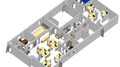 基于BIM的NX数字办公室设计。这里有很多不同的房间、墙壁、门，还有桌子和其他办公家具。