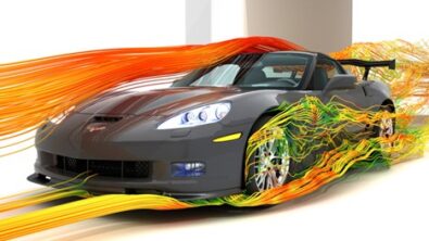 Colorful simulated airflow displayed on a rendering of a Corvette in Simcenter.