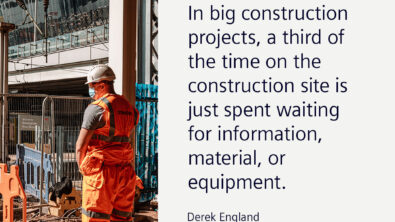 Left side: A construction worker at a site wearing a hard hat, mask, and SIEMENS reflective construction vest and pants. Right side: A quote that reads 