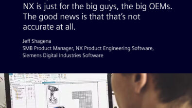 A graphic depicting someone working on a design in NX for a drill. There is a quote that reads 