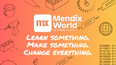 Mendix World 2021的标志，上面写着“Mendix World Learn Something”。做一些事情。改变一切。”