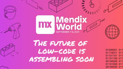 Mendix World的标志，上面写着:“Mendix World低代码的未来即将到来。”