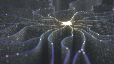 人工智能概念中的人工神经元。墙形二进制码制造脉冲和/或信息的传输线，类似于微芯片。神经网络与数据传输。